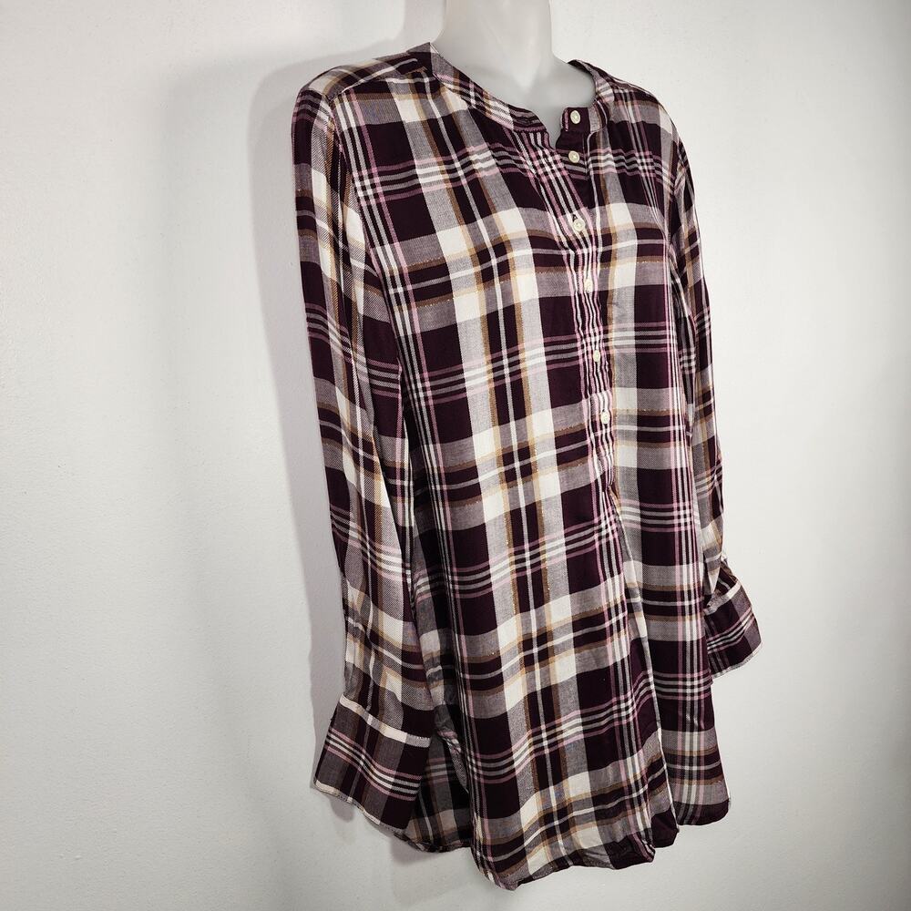 LOFT Womens Plaid Henley Popover Blouse Tunic Plum Purple Small Shimmer Relaxed - Picture 4 of 10